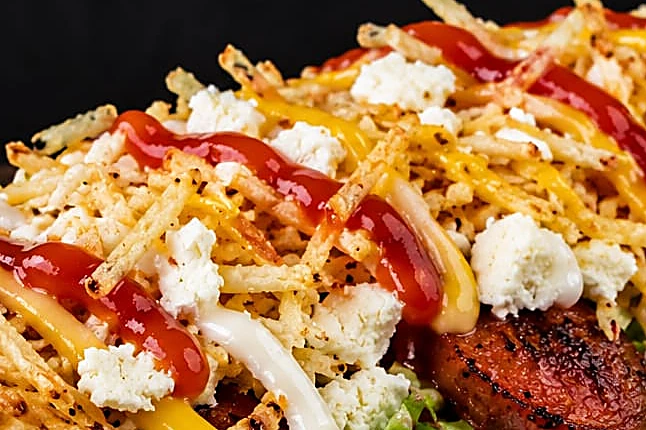 Acercamiento de papas ripio con queso rallado y salsas sobre un hot dog