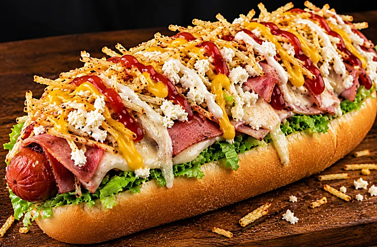 Hot dog largo con jamón, queso derretido, papas ripio y salsas sobre tabla de madera