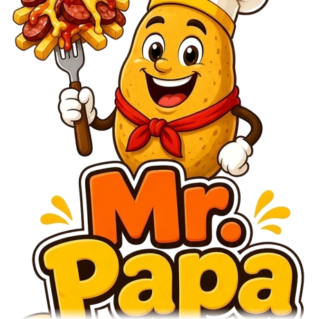 Logo de Mr.Papa: una papa con gorro de chef, pañoleta roja y un tenedor con papas y chorizo