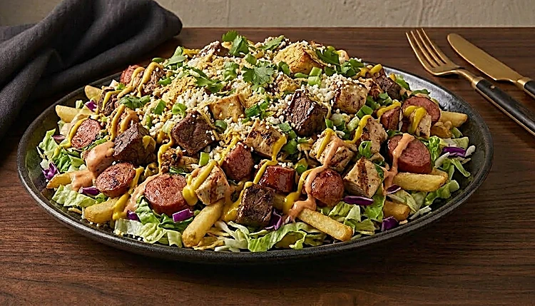 Salchipapa en plato negro con carne, salchicha, pollo, papas a la francesa y lechuga